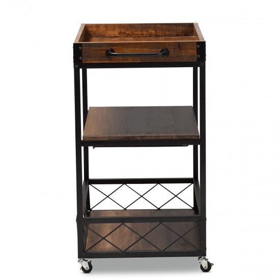 32.6'' Tall Industrial Style Rolling Kitchen Island Wine Cart with Black Finished, Fir Wood Mobile Metal Wine Bar Cart with Glass Rack, Oak Brown