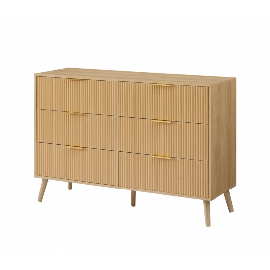 Bedroom Dresser, 6 Double Dressers with Wavy Drawers, Wooden Chest of Drawers for Children's Room, Living Room, Entrance and Hallway, Natural, 47.2''W x 15.8''D x 31.7''H.