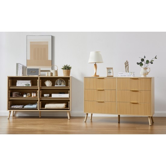 Bedroom Dresser, 6 Double Dressers with Wavy Drawers, Wooden Chest of Drawers for Children's Room, Living Room, Entrance and Hallway, Natural, 47.2''W x 15.8''D x 31.7''H.