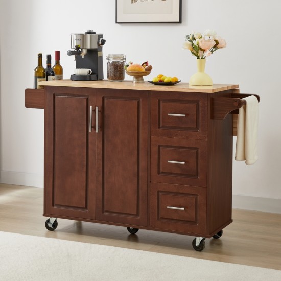 Kitchen Island with Drop Leaf Countertop, Rolling Kitchen Island Cart , Barn Door Kitchen Island Table with Storage Cabinet and Tower Rack, Island Table On Wheels for Kitchen, Retro Brown