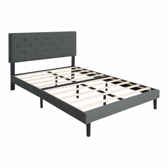 Twin Size Upholstered Platform Bed Frame with Modern Button Tufted Linen Fabric Headboard, No Box Spring Needed, Wood Slat Support, Easy Assembly, Drak Grey