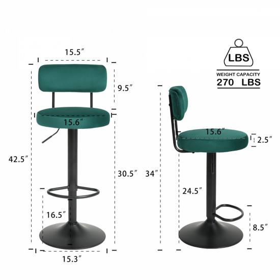 Modern Bar Stools Set of 2,Curved Backrest Upholstered Counter Height Bar Stools,Adjustable Bar Stool 24.5