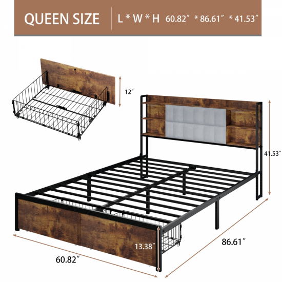 Queen Size Bed Frame with 2 Storage Drawers and LED Lights Headboard, Upholstered king Bed Frame with Charging Station, No Box Spring Needed, Easy Assembly