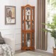 Curio Cabinet Lighted Glass Display Curio Cabinet w/Tempered Glass Doors and Shelves, Crown Corner Cabinet with Bulb, Corner Storage Decoration for Living room and Bedroom OAK