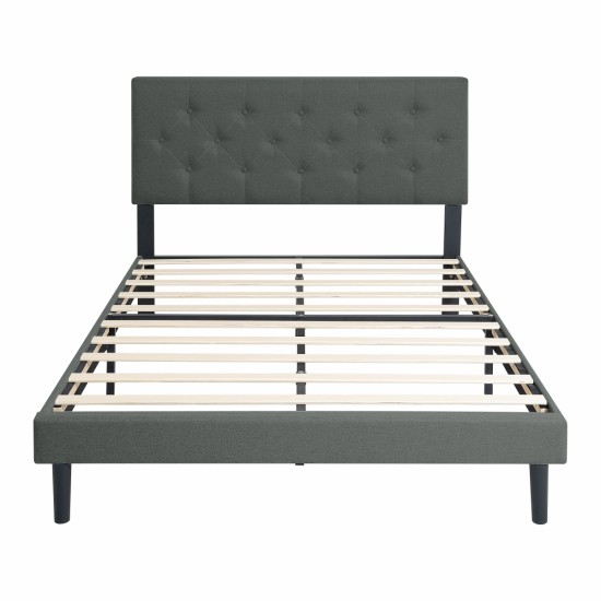 Twin Size Upholstered Platform Bed Frame with Modern Button Tufted Linen Fabric Headboard, No Box Spring Needed, Wood Slat Support, Easy Assembly, Drak Grey