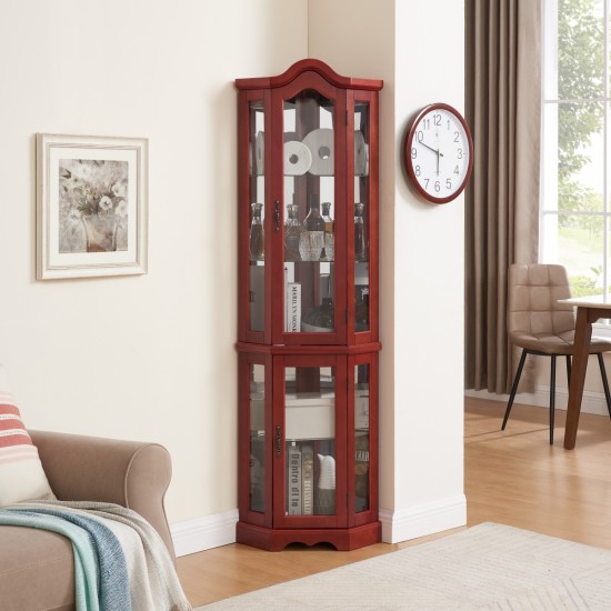 Curio Cabinet Lighted Glass Display Curio Cabinet w/Tempered Glass Doors and Shelves, Crown Corner Cabinet with Bulb, Corner Storage Decoration for Living room and Bedroom Cherry