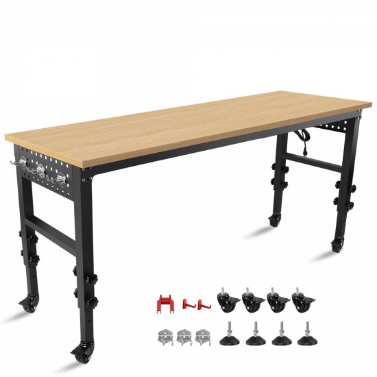 72 Inch ×24'' Adjustable Workbench, Rolling Heavy-Duty Worktable with Power Outlet and Wheels, Large Load Capacity Rubber Wood Top Workbench for Garage, Office, Workshop, Home, Easy Assembly