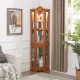 Curio Cabinet Lighted Glass Display Curio Cabinet w/Tempered Glass Doors and Shelves, Crown Corner Cabinet with Bulb, Corner Storage Decoration for Living room and Bedroom OAK