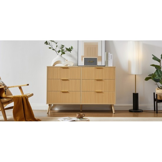 Bedroom Dresser, 6 Double Dressers with Wavy Drawers, Wooden Chest of Drawers for Children's Room, Living Room, Entrance and Hallway, Natural, 47.2''W x 15.8''D x 31.7''H.