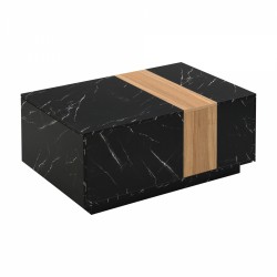 ON-TREND Modern 35.4 x 23.6 Inch Two-tone Coffee Table with Faux Marble and Walnut Wood Grain Finish, Rectangular Center Table with 2 Storage Drawers, Practical Cocktail Table for Living Room, Black