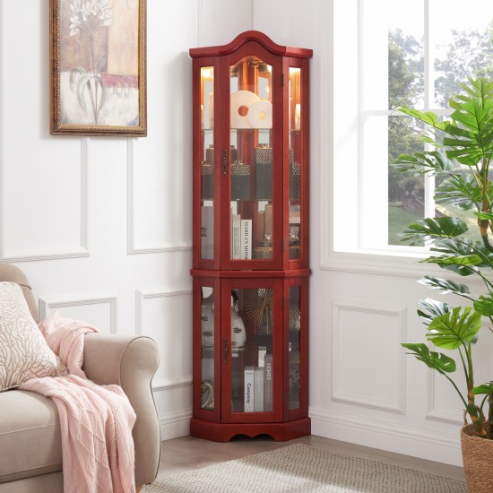 Curio Cabinet Lighted Glass Display Curio Cabinet w/Tempered Glass Doors and Shelves, Crown Corner Cabinet with Bulb, Corner Storage Decoration for Living room and Bedroom Cherry