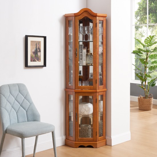 Curio Cabinet Lighted Glass Display Curio Cabinet w/Tempered Glass Doors and Shelves, Crown Corner Cabinet with Bulb, Corner Storage Decoration for Living room and Bedroom OAK