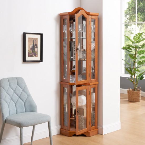 Curio Cabinet Lighted Glass Display Curio Cabinet w/Tempered Glass Doors and Shelves, Crown Corner Cabinet with Bulb, Corner Storage Decoration for Living room and Bedroom OAK