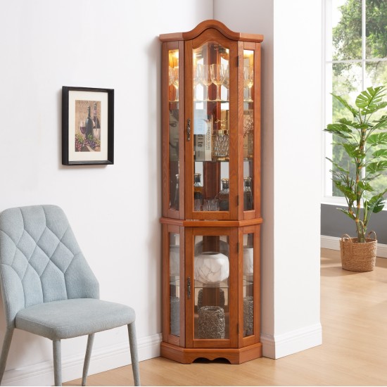 Curio Cabinet Lighted Glass Display Curio Cabinet w/Tempered Glass Doors and Shelves, Crown Corner Cabinet with Bulb, Corner Storage Decoration for Living room and Bedroom OAK