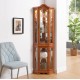 Curio Cabinet Lighted Glass Display Curio Cabinet w/Tempered Glass Doors and Shelves, Crown Corner Cabinet with Bulb, Corner Storage Decoration for Living room and Bedroom OAK