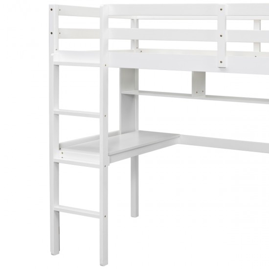 Twin Loft Bed with built-in desk and bookcase of three compartments, Guardrails and Ladder,White