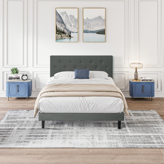 Twin Size Upholstered Platform Bed Frame with Modern Button Tufted Linen Fabric Headboard, No Box Spring Needed, Wood Slat Support, Easy Assembly, Drak Grey