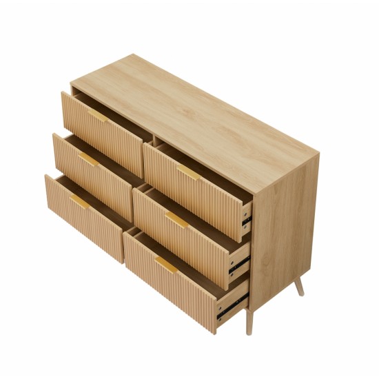 Bedroom Dresser, 6 Double Dressers with Wavy Drawers, Wooden Chest of Drawers for Children's Room, Living Room, Entrance and Hallway, Natural, 47.2''W x 15.8''D x 31.7''H.