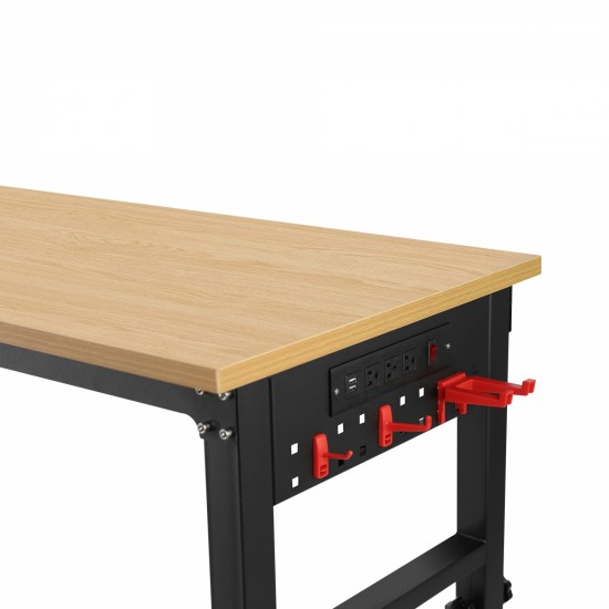 72 Inch ×24'' Adjustable Workbench, Rolling Heavy-Duty Worktable with Power Outlet and Wheels, Large Load Capacity Rubber Wood Top Workbench for Garage, Office, Workshop, Home, Easy Assembly