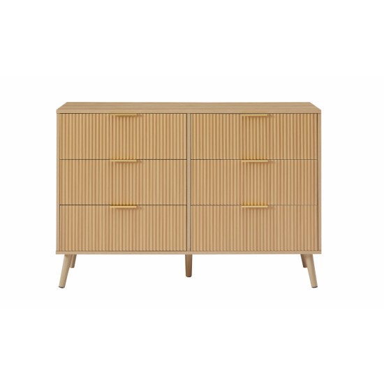 Bedroom Dresser, 6 Double Dressers with Wavy Drawers, Wooden Chest of Drawers for Children's Room, Living Room, Entrance and Hallway, Natural, 47.2''W x 15.8''D x 31.7''H.