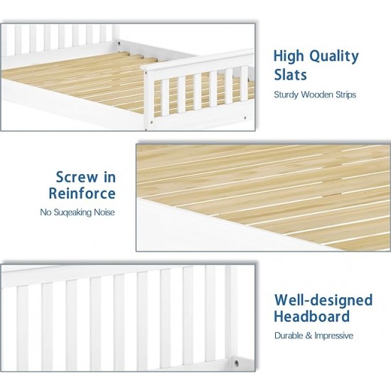 Twin Bed Frames with Headboard, Solid Wooden Platform Bed with Corner, Modern Low Profile Bed Frame, No Box Spring Needed, White