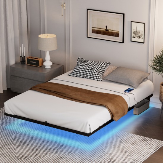 Floating Bed Frame Queen Size with LED Lights ＆ charging station, Metal Platform Queen Bed, 79.9'' L x 60.2'' W x 7.9'' H.