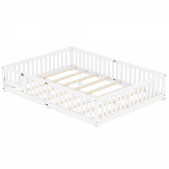 Queen Size Bed Floor Bed with Safety Guardrails and Door for Kids, White(Expect Arrival Date 2024.7.26), Old SKU W158090696