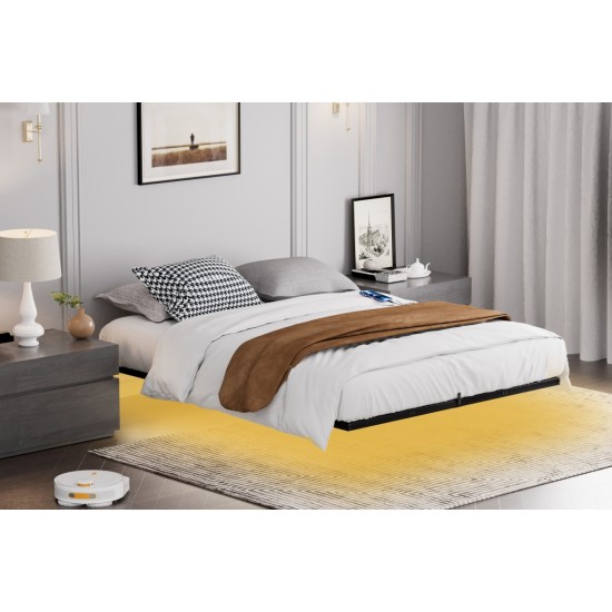 Floating Bed Frame Queen Size with LED Lights ＆ charging station, Metal Platform Queen Bed, 79.9'' L x 60.2'' W x 7.9'' H.