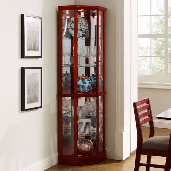 6 Shelf Lighted Corner Curio Cabinet with Adjustable Tempered Glass Shelves and Mirror Back, Cherry(E26 light bulb not included)