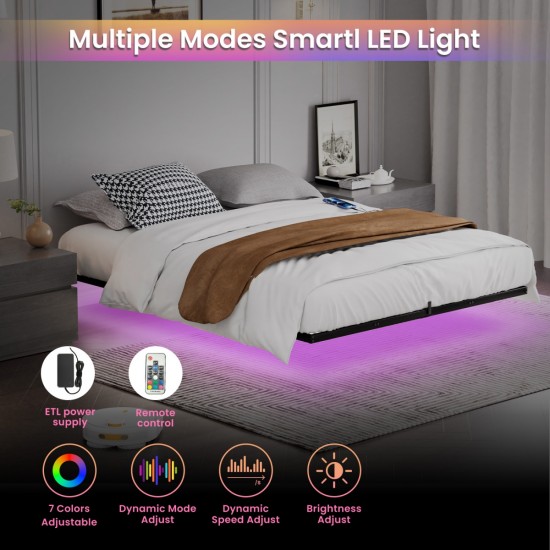 Floating Bed Frame Queen Size with LED Lights ＆ charging station, Metal Platform Queen Bed, 79.9'' L x 60.2'' W x 7.9'' H.