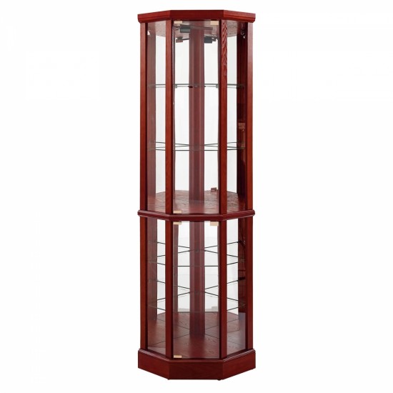 6 Shelf Lighted Corner Curio Cabinet with Adjustable Tempered Glass Shelves and Mirror Back, Cherry(E26 light bulb not included)