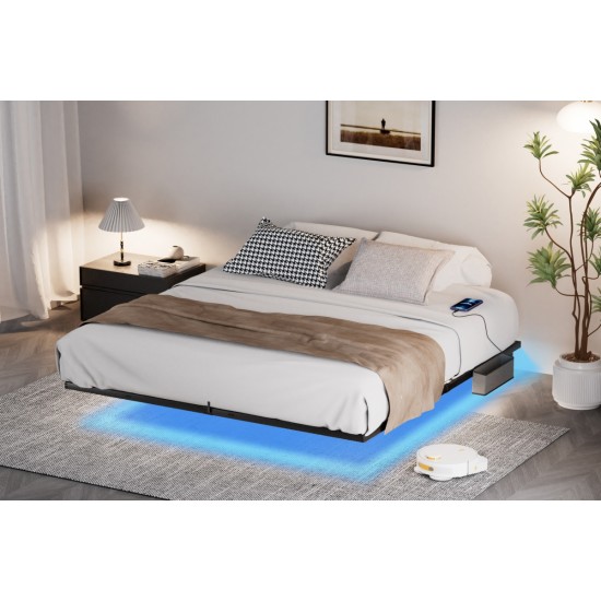 Floating Bed Frame King Size with LED Lights ＆ charging station, Metal Platform Queen Bed, 79.9'' L x 76.2'' W x 7.9'' H.