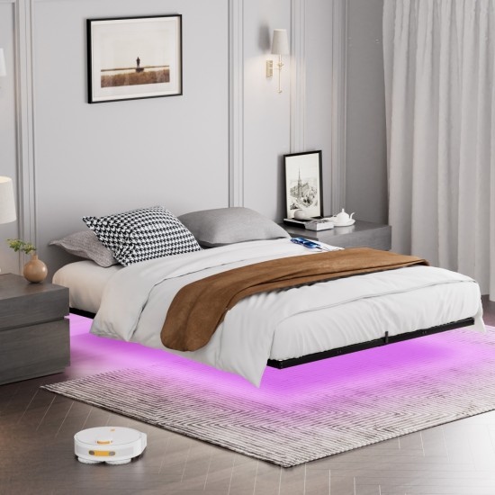 Floating Bed Frame Queen Size with LED Lights ＆ charging station, Metal Platform Queen Bed, 79.9'' L x 60.2'' W x 7.9'' H.