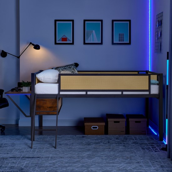 Single metal loft bed with rectangular desk, LED lights, LED loft bed frame double bed with storage shelves and hanging storage compartments, safety guard and ladder, no box springs required, rattan g