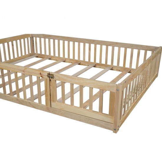 Wood Full Size House Platform Bed with Guardrail, Natural