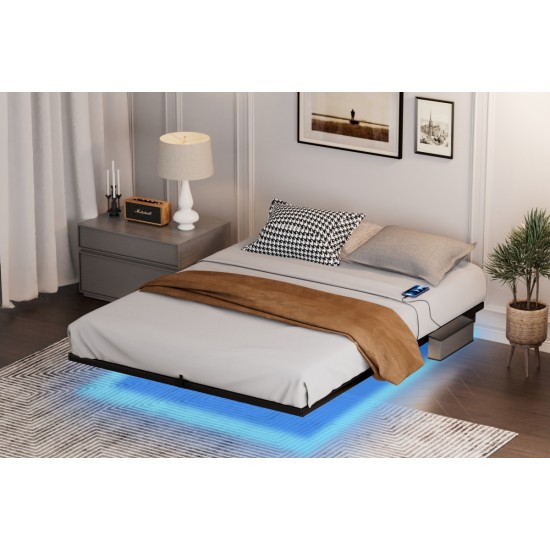 Floating Bed Frame Queen Size with LED Lights ＆ charging station, Metal Platform Queen Bed, 79.9'' L x 60.2'' W x 7.9'' H.