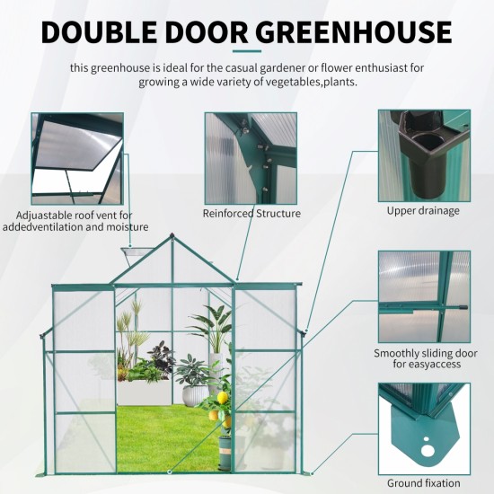 8x8 FT Double Door Polycarbonate Greenhouse Raised Base and Anchor Aluminum Heavy Duty Walk-in Greenhouses for Outdoor Backyard in All Season,Green