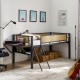 Single metal loft bed with rectangular desk, LED lights, LED loft bed frame double bed with storage shelves and hanging storage compartments, safety guard and ladder, no box springs required, rattan g