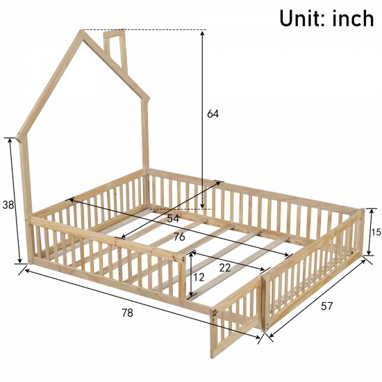 Wood Full Size House Platform Bed with Guardrail, Natural