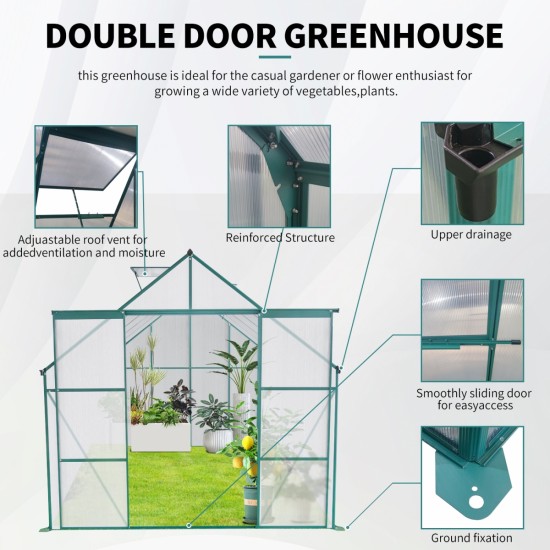 8x10FT Double Door Polycarbonate Greenhouse Raised Base and Anchor Aluminum Heavy Duty Walk-in Greenhouses for Outdoor Backyard in All Season,Green