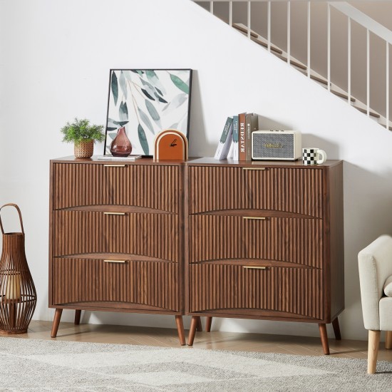 Bedroom Dresser, 3 Dressers with Wavy Curved Drawers, Children's Room, Living Room, Entry and Hallway Wood Chest of Drawers, Walnut, 31.5″W x 15.8″D x 37.4″H.