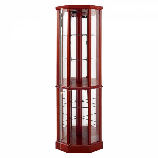 6 Shelf Lighted Corner Curio Cabinet with Adjustable Tempered Glass Shelves and Mirror Back, Cherry(E26 light bulb not included)