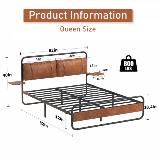 Queen Size Metal Bed Frame with Upholstered Headboard,  with wireless charging and USB A & USB C, Touch LED light,Oval-Shaped Platform Bed with Under-Bed Storage, No Box Spring Needed, Vintage Brown