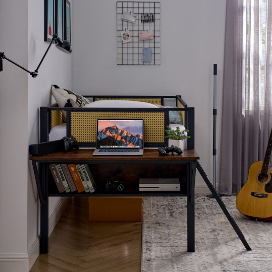 Single metal loft bed with rectangular desk, LED lights, LED loft bed frame double bed with storage shelves and hanging storage compartments, safety guard and ladder, no box springs required, rattan g