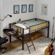 Single metal loft bed with rectangular desk, LED lights, LED loft bed frame double bed with storage shelves and hanging storage compartments, safety guard and ladder, no box springs required, rattan g