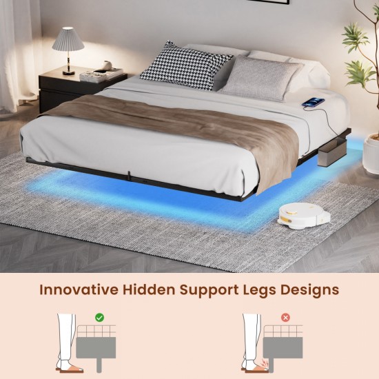 Floating Bed Frame Queen Size with LED Lights ＆ charging station, Metal Platform Queen Bed, 79.9'' L x 60.2'' W x 7.9'' H.