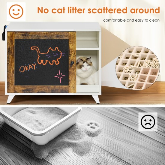 Litter Box Enclosure,Modern Hidden Cat Litter Box Enclosure Furniture with Scratching Pad for Living Room, White + vintage color door frame