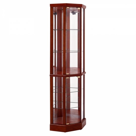 6 Shelf Lighted Corner Curio Cabinet with Adjustable Tempered Glass Shelves and Mirror Back, Cherry(E26 light bulb not included)