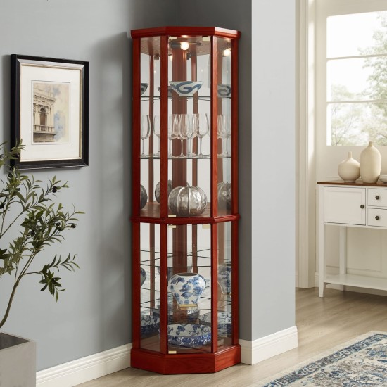 6 Shelf Lighted Corner Curio Cabinet with Adjustable Tempered Glass Shelves and Mirror Back, Cherry(E26 light bulb not included)