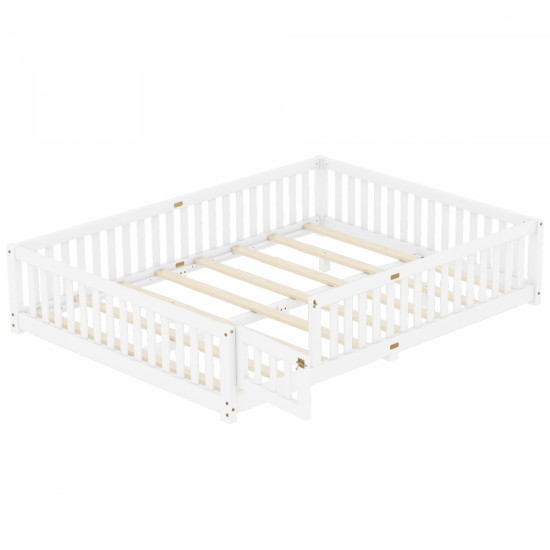 Queen Size Bed Floor Bed with Safety Guardrails and Door for Kids, White(Expect Arrival Date 2024.7.26), Old SKU W158090696